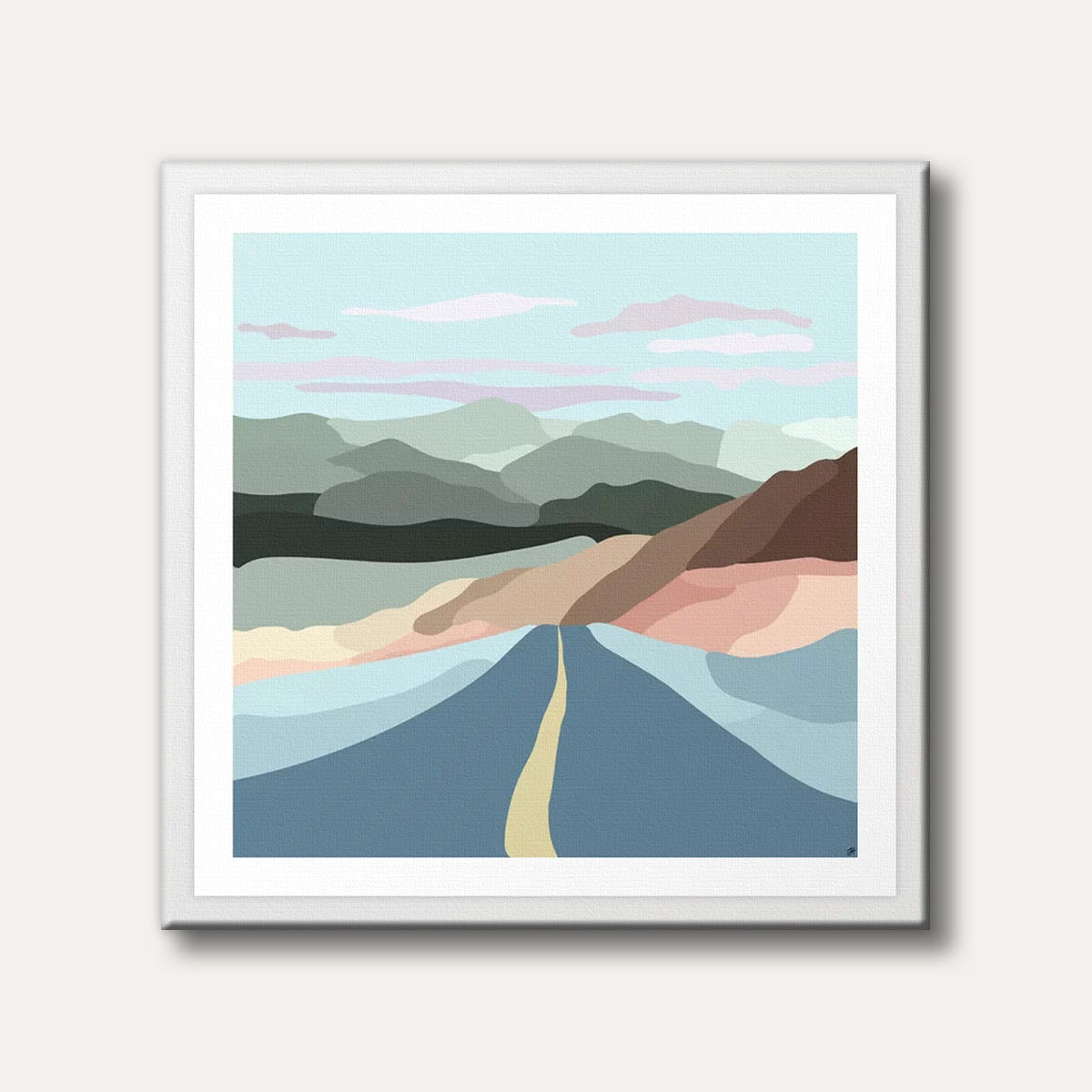 An abstract minimalist landscape painting depicting a blue road leading towards layered, pastel-coloured mountains under a light blue sky.