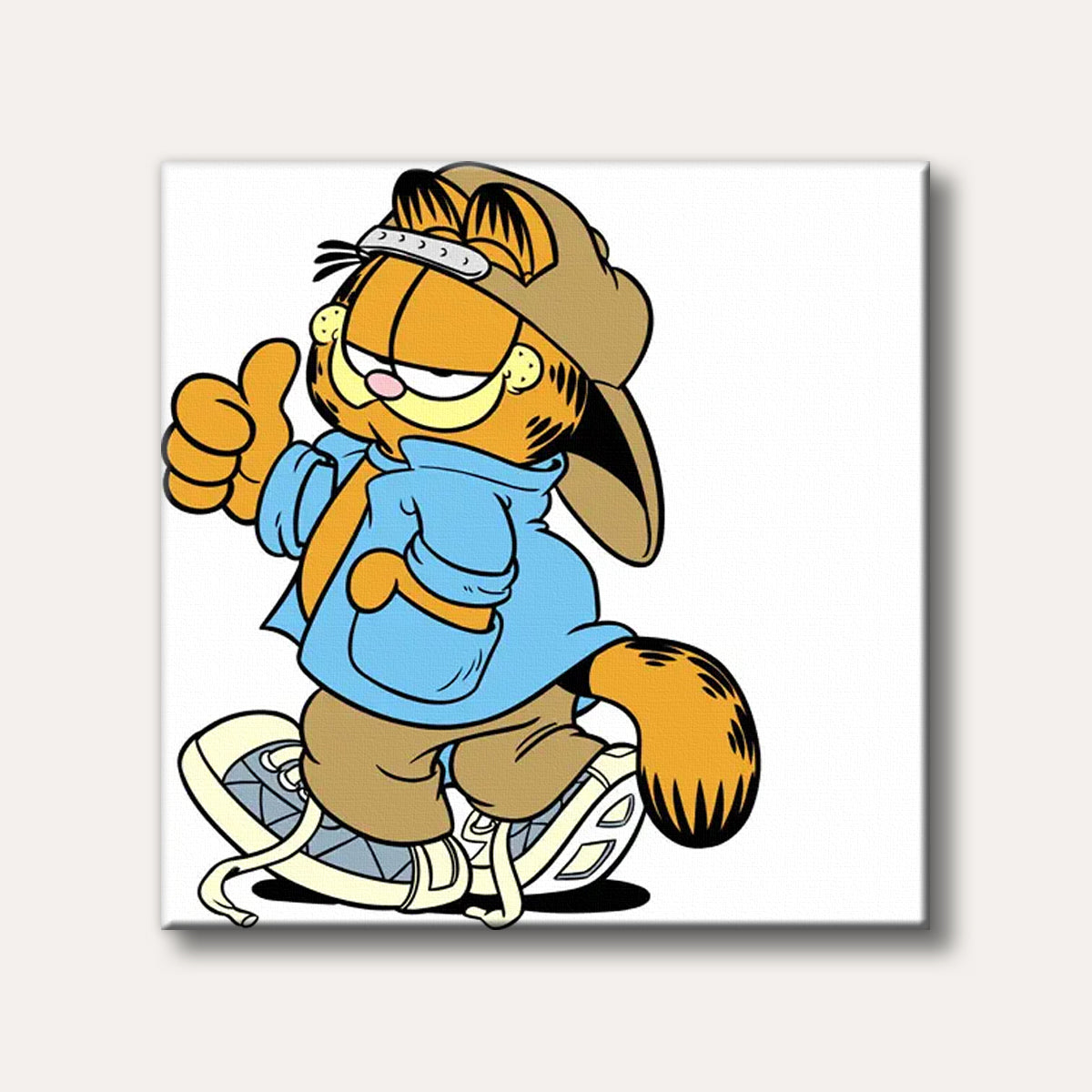 A cartoon illustration of Garfield the cat wearing a blue jacket, a tan baseball cap, and sneakers, giving a thumbs up with a confident expression.