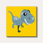 A playful, cartoon-style baby T-Rex with large eyes and sharp teeth, rendered in blue-grey and white against a bright yellow background.