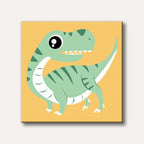A cute, friendly cartoon dinosaur with light green skin, dark green stripes, and large black eyes, depicted in a minimalist, flat design style on a light orange background.