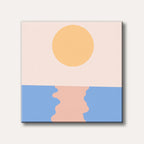 An abstract painting depicting a large yellow circle representing the sun or moon above a blue body of water with a peach-coloured reflection, rendered in a minimalist, calming style.