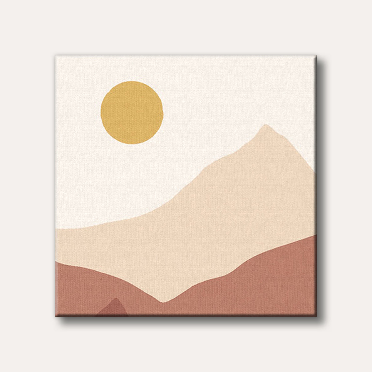 A minimalist painting of a desert landscape featuring layered, abstract mountains in earthy tones beneath a golden sun, rendered in a modern, calm style.