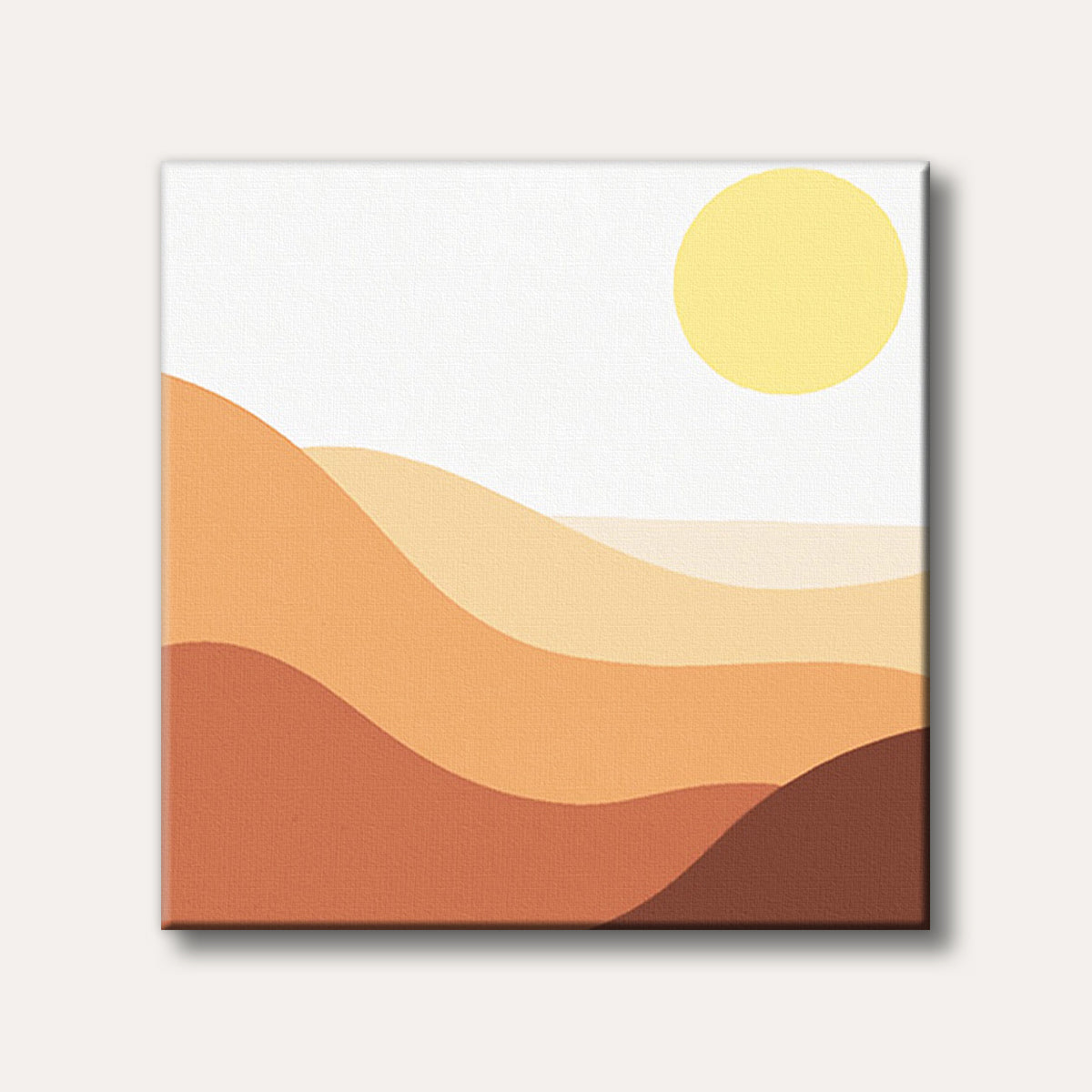 A minimalist abstract painting featuring undulating waves of warm orange and brown desert hues under a bright yellow sun, evoking a serene landscape.