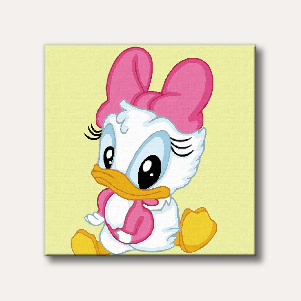 An illustration of a cute baby Daisy Duck with a pink bow and bib, rendered in a cartoon style against a light yellow background, looking adorable.