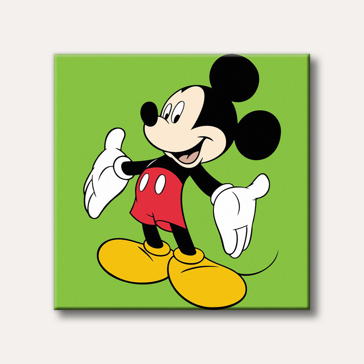 A full-body illustration of Mickey Mouse smiling and extending his arms, against a solid bright green background, in a traditional cartoon style.