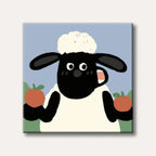 A whimsical cartoon sheep with a black face and white fluffy wool holds two bright red apples, set against a soft blue sky, depicted in a charming, minimalist style.