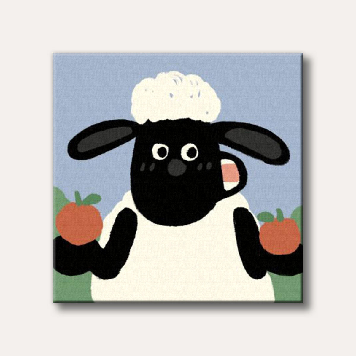 A whimsical cartoon sheep with a black face and white fluffy wool holds two bright red apples, set against a soft blue sky, depicted in a charming, minimalist style.