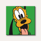 A vibrant cartoon portrait of Pluto, Mickey Mouse's dog, with a surprised expression and tongue out, set against a bright green background.