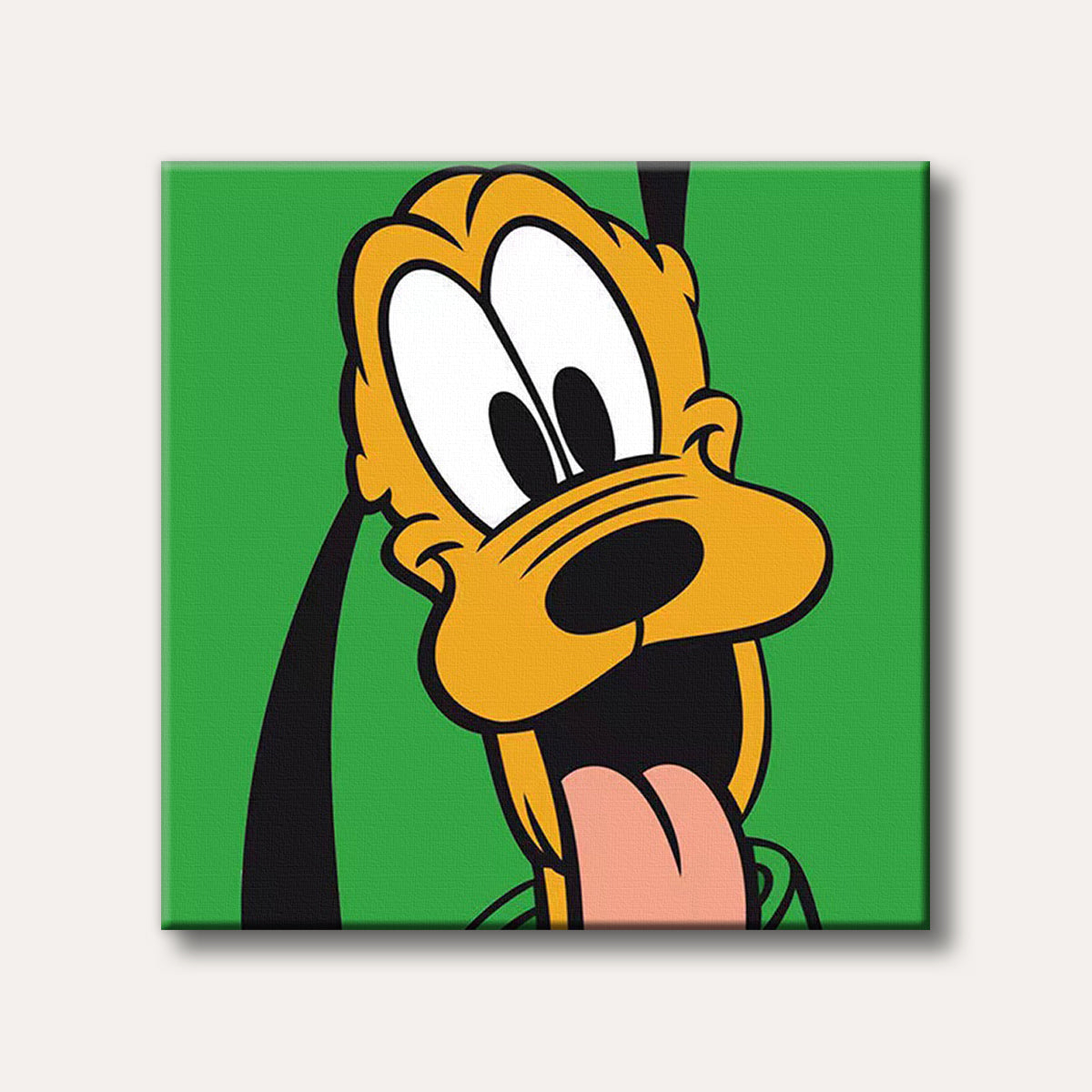 A vibrant cartoon portrait of Pluto, Mickey Mouse's dog, with a surprised expression and tongue out, set against a bright green background.