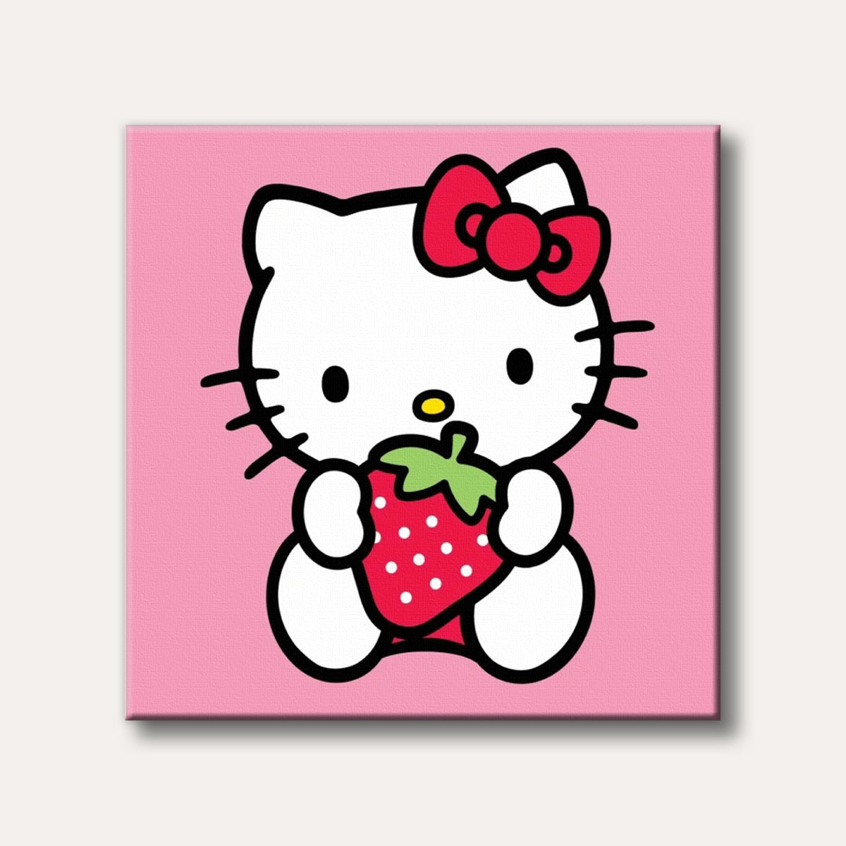 A cute cartoon illustration of Hello Kitty, a white cat character with a red bow, holding a large red strawberry on a solid pink background, in a simple and iconic style.