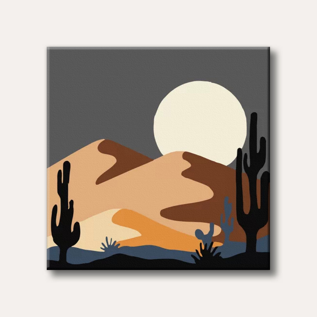 A minimalist desert landscape featuring towering sand dunes, dark silhouetted cacti, and a large, pale full moon against a dark sky, depicted in a modern, abstract style.