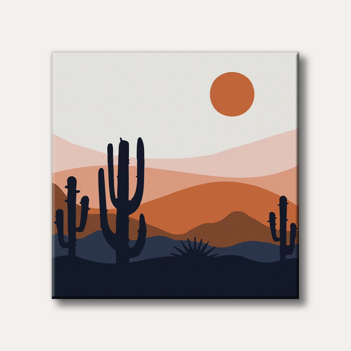 A minimalist desert landscape featuring dark silhouettes of saguaro cacti against a background of layered orange, brown, and beige hills under a large, warm orange sun, in a graphic, flat art style.