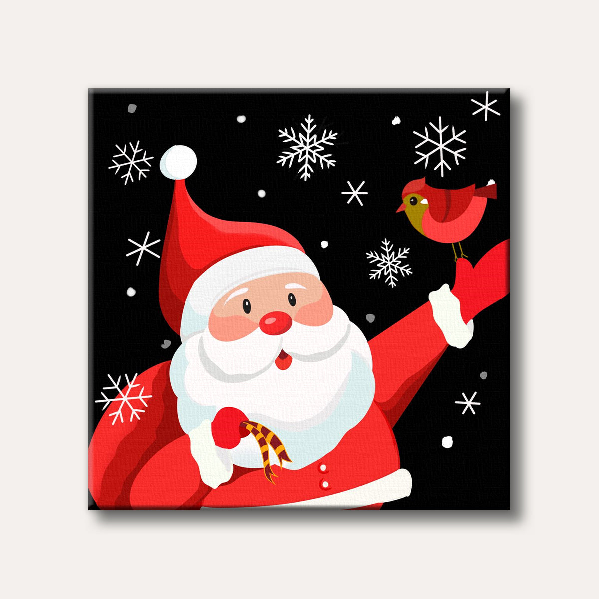 A cheerful cartoon illustration of Santa Claus in a red suit and hat, holding a small red bird, with white snowflakes against a black background.