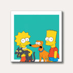 Lisa Simpson holding Snowball II, Bart Simpson, and Santa's Little Helper standing against a plain teal background, depicted in the iconic cartoon style of The Simpsons.