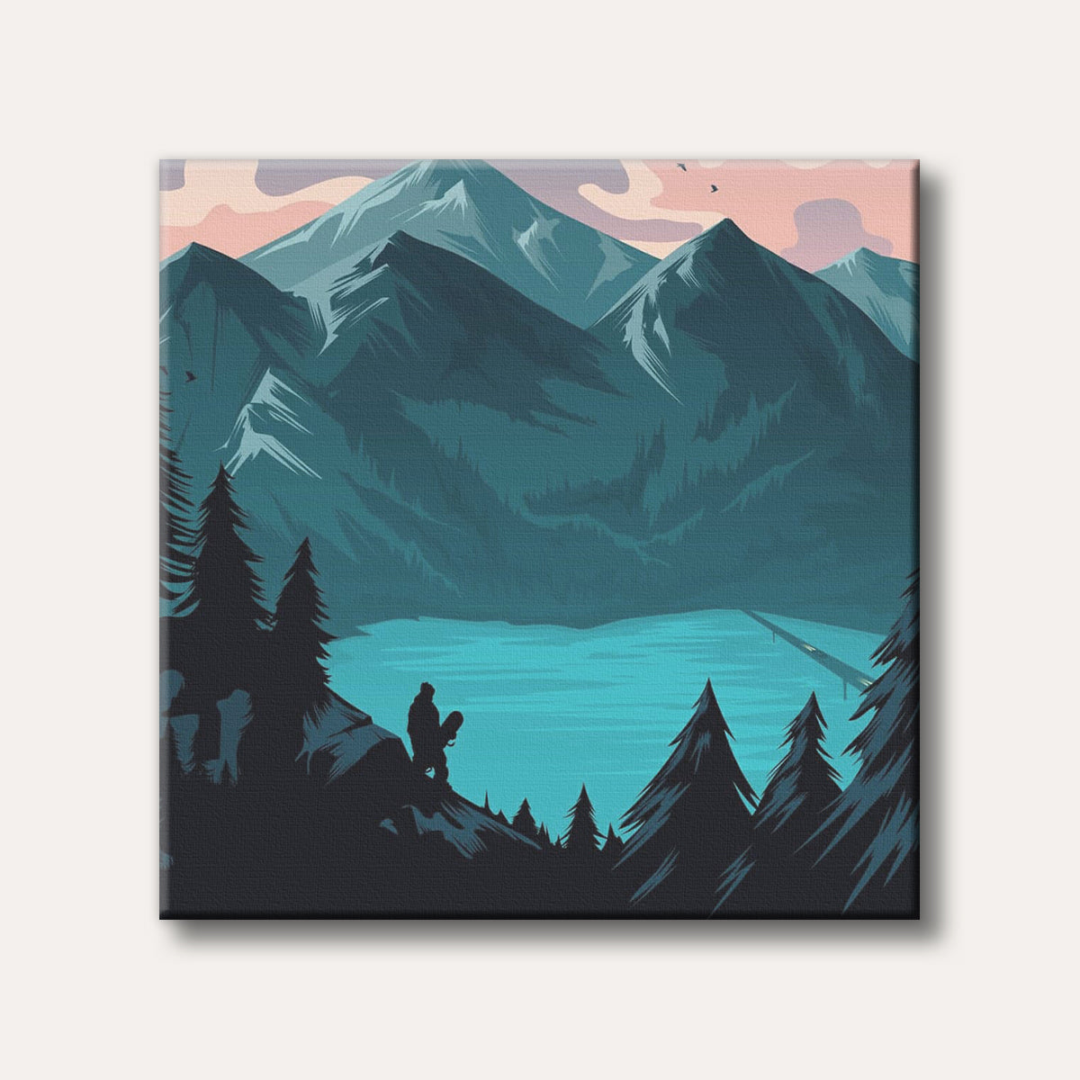 A graphic illustration depicting a silhouette of a person with a snowboard gazing at a large turquoise mountain lake framed by dark teal mountains and evergreen trees under a pale pink and purple sky, conveying a sense of serene adventure.