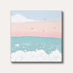 A minimalist painting of gentle ocean waves with foamy white crests, under a soft pastel pink and light blue sky with distant birds, rendered in a serene, dreamy style.