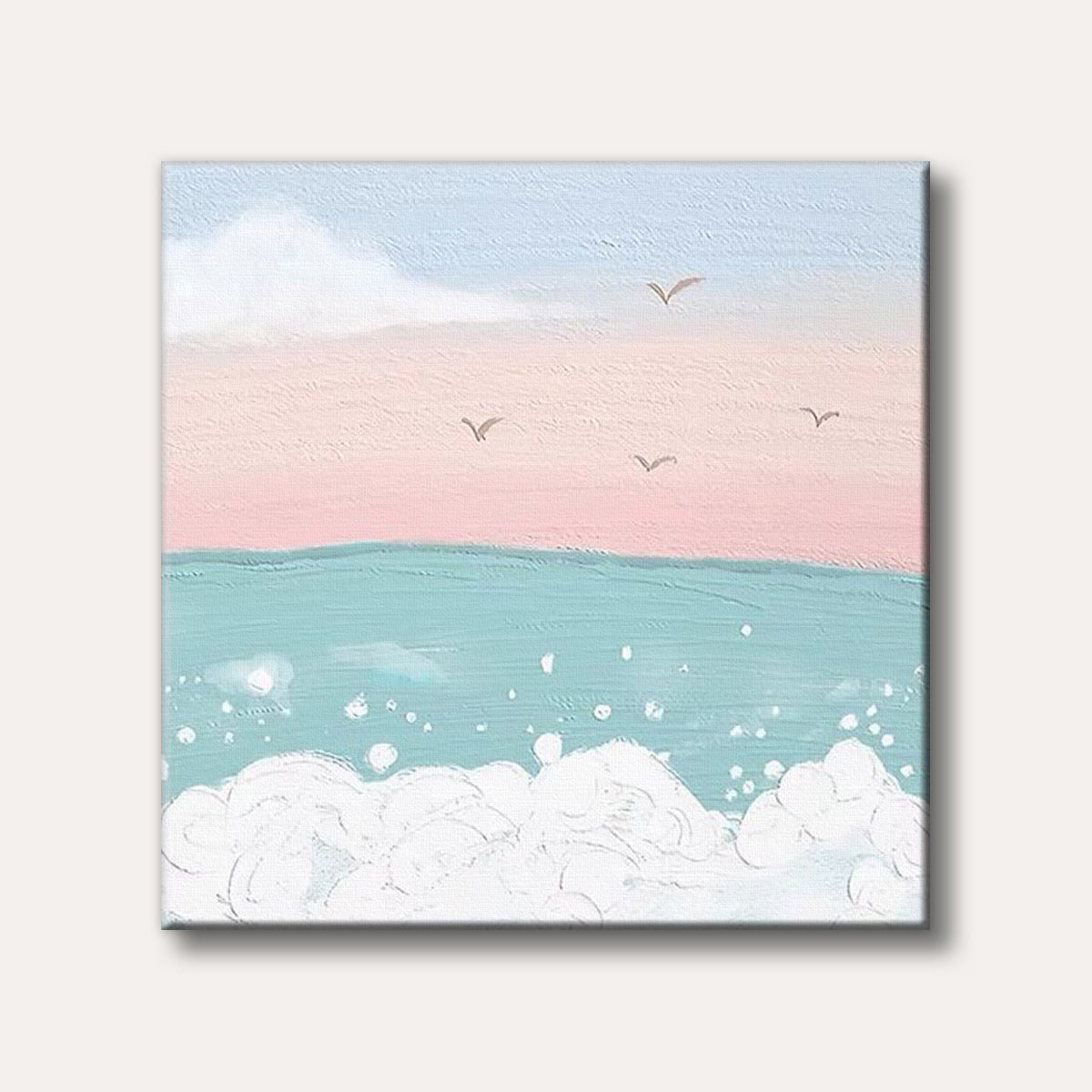 A minimalist painting of gentle ocean waves with foamy white crests, under a soft pastel pink and light blue sky with distant birds, rendered in a serene, dreamy style.