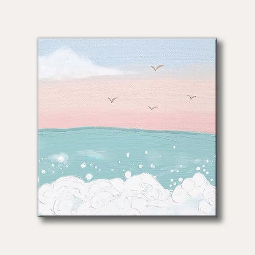 A minimalist painting of gentle ocean waves with foamy white crests, under a soft pastel pink and light blue sky with distant birds, rendered in a serene, dreamy style.