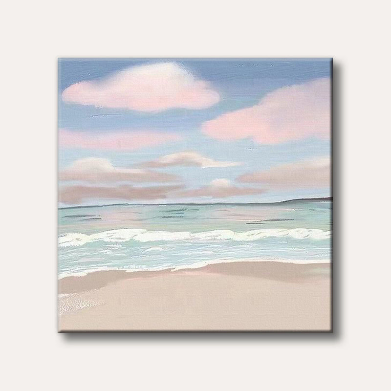 A calm beach scene painting featuring soft pink clouds in a light blue sky over gentle turquoise ocean waves breaking onto a pale sandy shore.