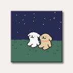 Two charmingly simple cartoon dogs, one white and one light brown, sit side-by-side on green grass under a dark blue night sky filled with scattered yellow stars.