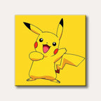 A vibrant yellow Pikachu with red cheeks and black-tipped ears is shown against a solid yellow background, smiling widely in a classic cartoon style.