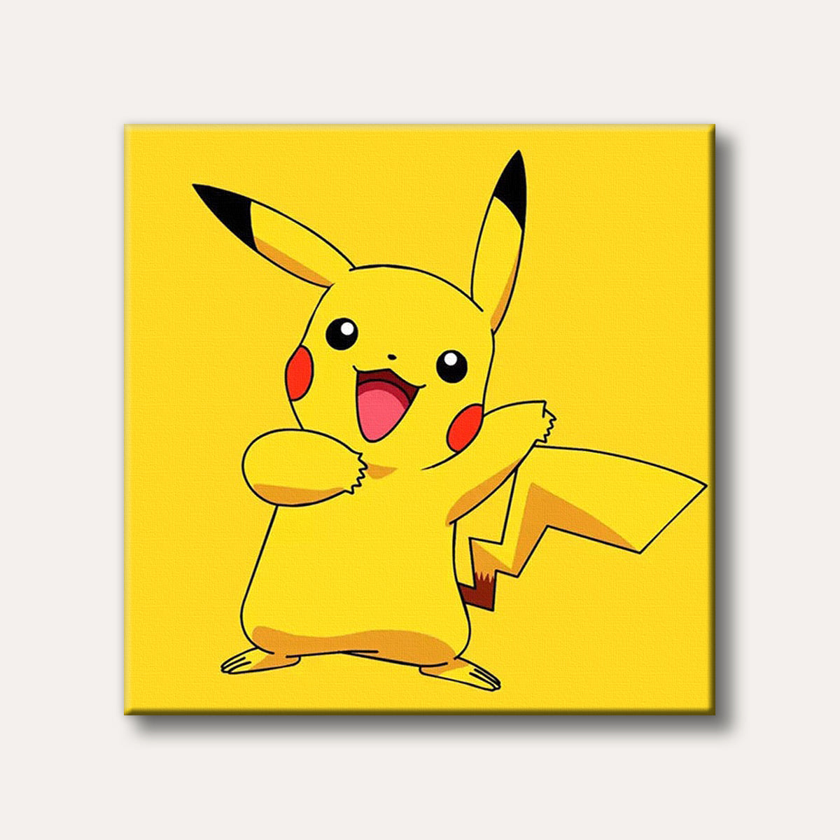 A vibrant yellow Pikachu with red cheeks and black-tipped ears is shown against a solid yellow background, smiling widely in a classic cartoon style.