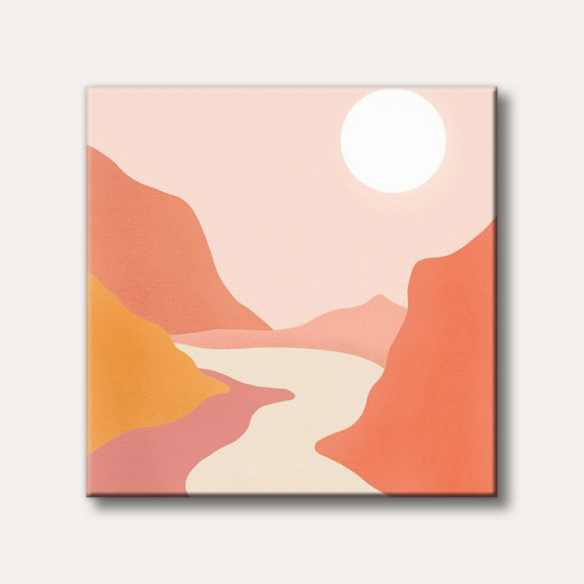 A minimalist abstract landscape painting featuring peach and orange mountains, a winding cream-coloured river, and a large white sun against a pale pink sky, evoking a serene desert scene.