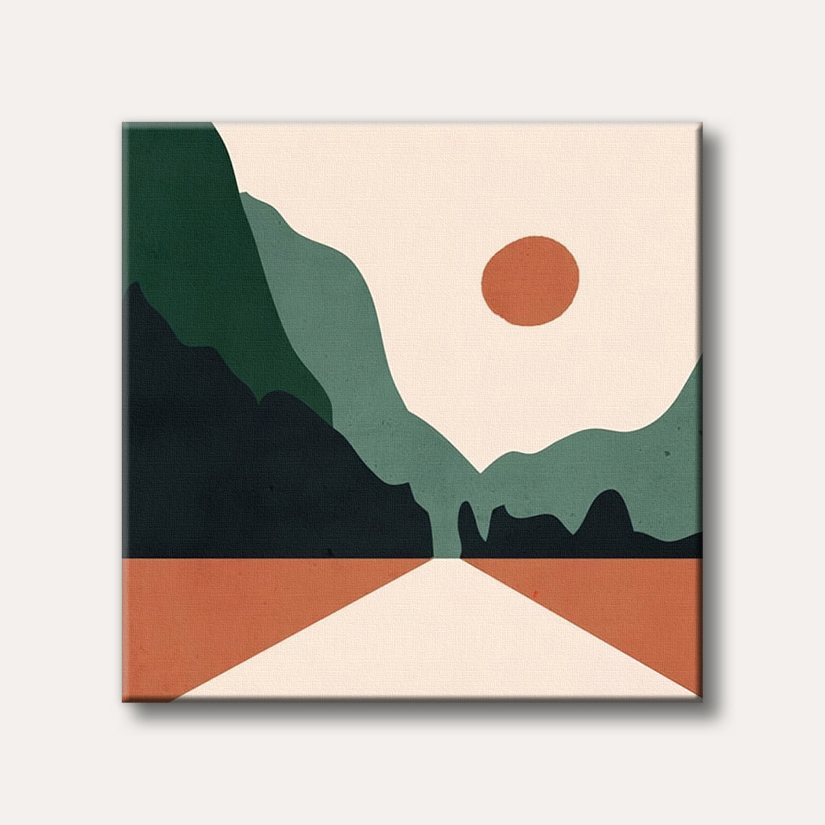 A minimalist abstract landscape painting featuring layered green mountains, an orange sun, and a calm water reflection in muted earth tones.
