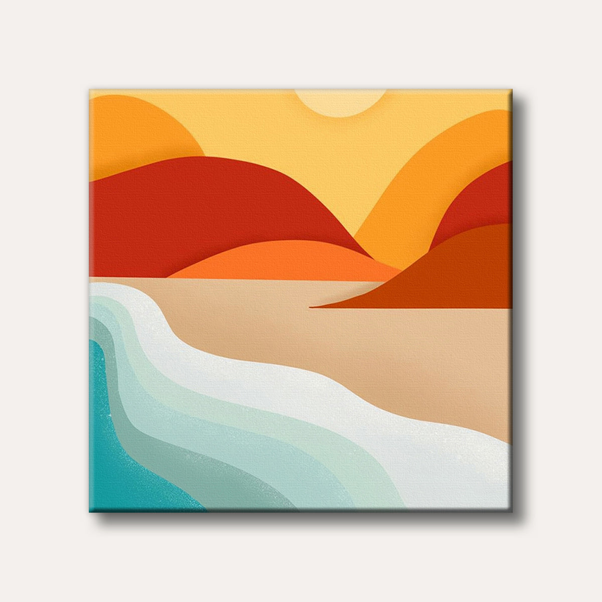 An abstract depiction of a tranquil coastal landscape featuring layered blue waves, a beige beach, and warm-toned hills under a setting sun.
