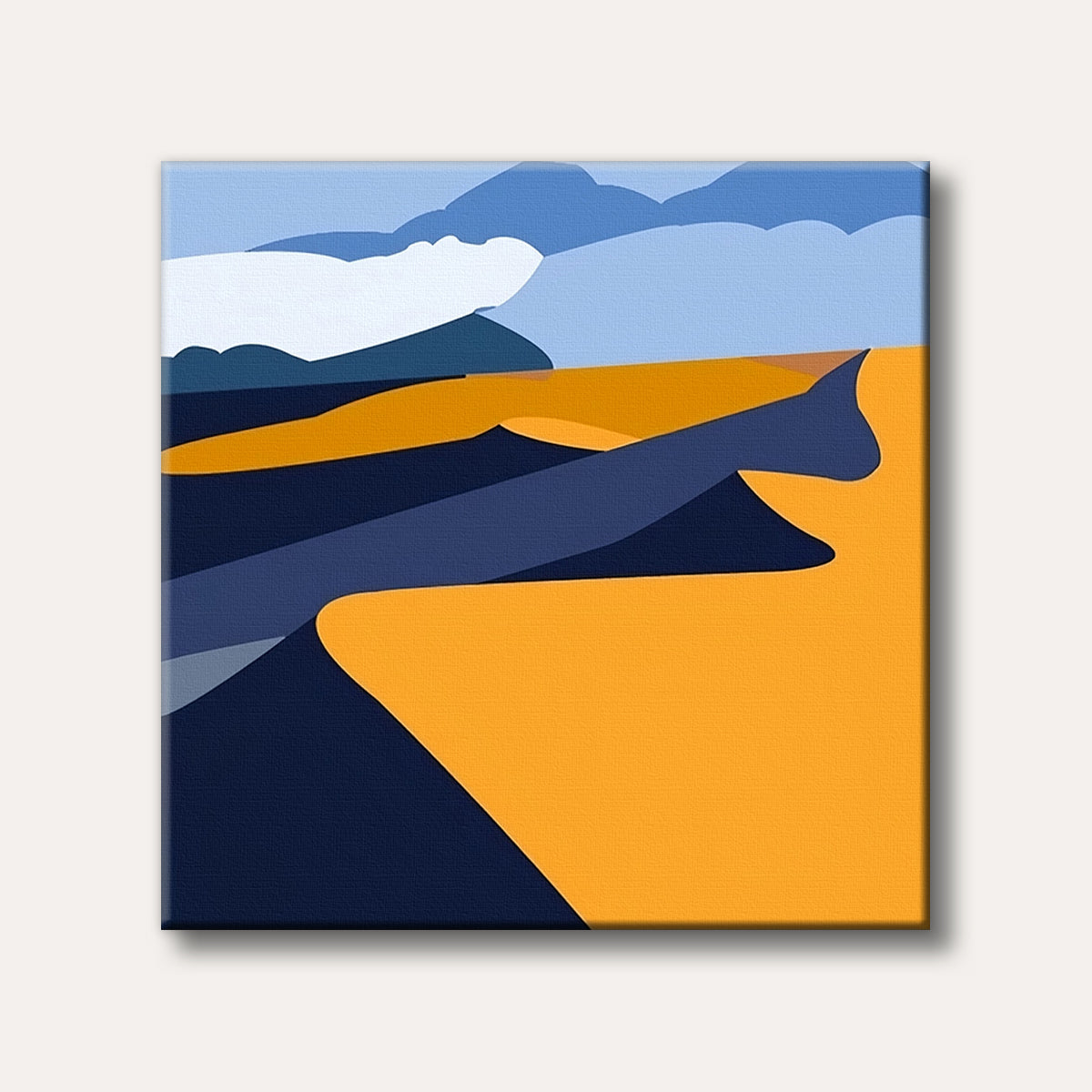 An abstract landscape painting depicting sand dunes in bright orange and deep blue, with light blue mountains and a sky in the background, rendered in a minimalist, colour-block style.