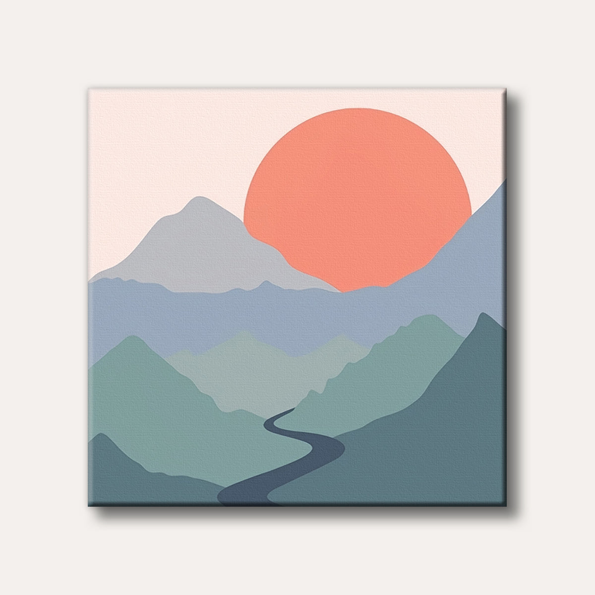 A minimalist landscape art piece depicting pastel-coloured mountains with a large orange sun setting behind them and a winding river in the foreground.