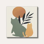 Two stylized cats, one sage green and one orange, sit facing a large orange sun and dark leaves in a minimalist, modern art style.