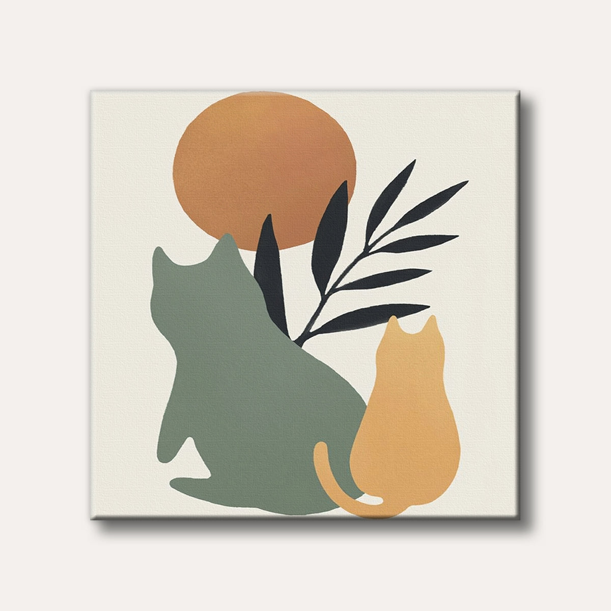 Two stylized cats, one sage green and one orange, sit facing a large orange sun and dark leaves in a minimalist, modern art style.