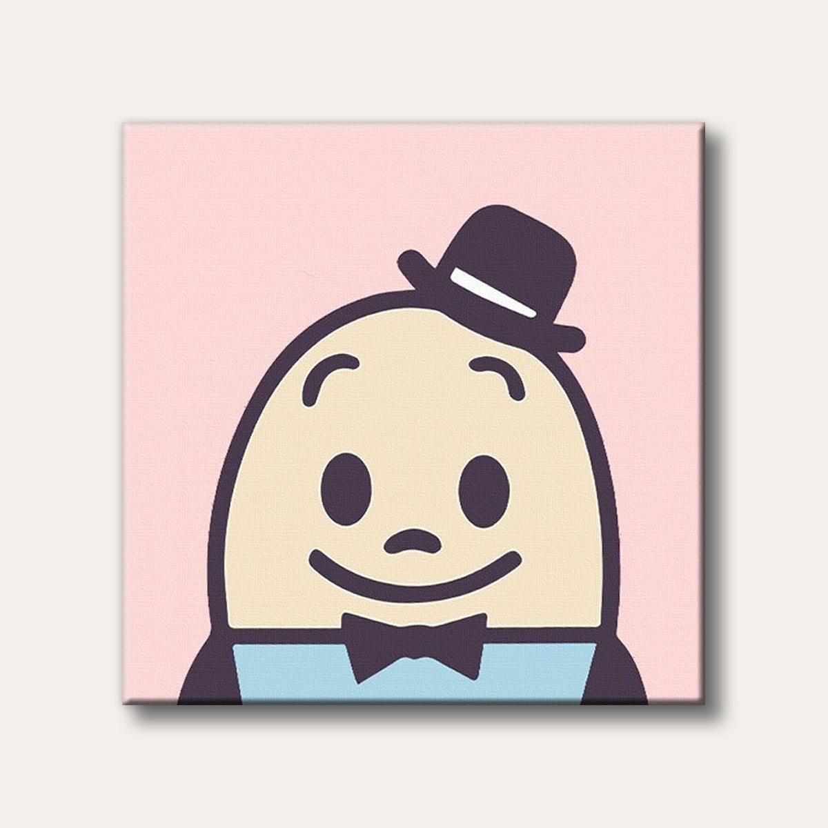 A charming, simplified cartoon character resembling an egg, wearing a black bowler hat and a light blue vest with a black bow tie, on a pastel pink background.