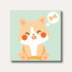 A cute, cartoon-style light brown and white puppy dog with red cheeks happily sitting and dreaming of a bone on a pastel green background.