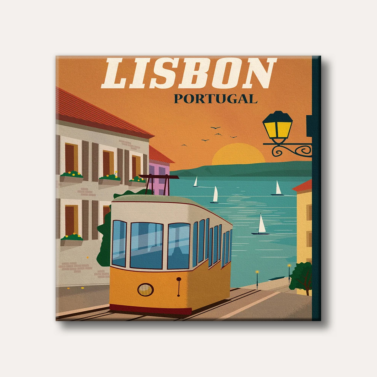A retro travel poster illustration depicting a yellow tram in Lisbon, Portugal, with traditional buildings on one side and a teal bay with sailboats at sunset on the other.