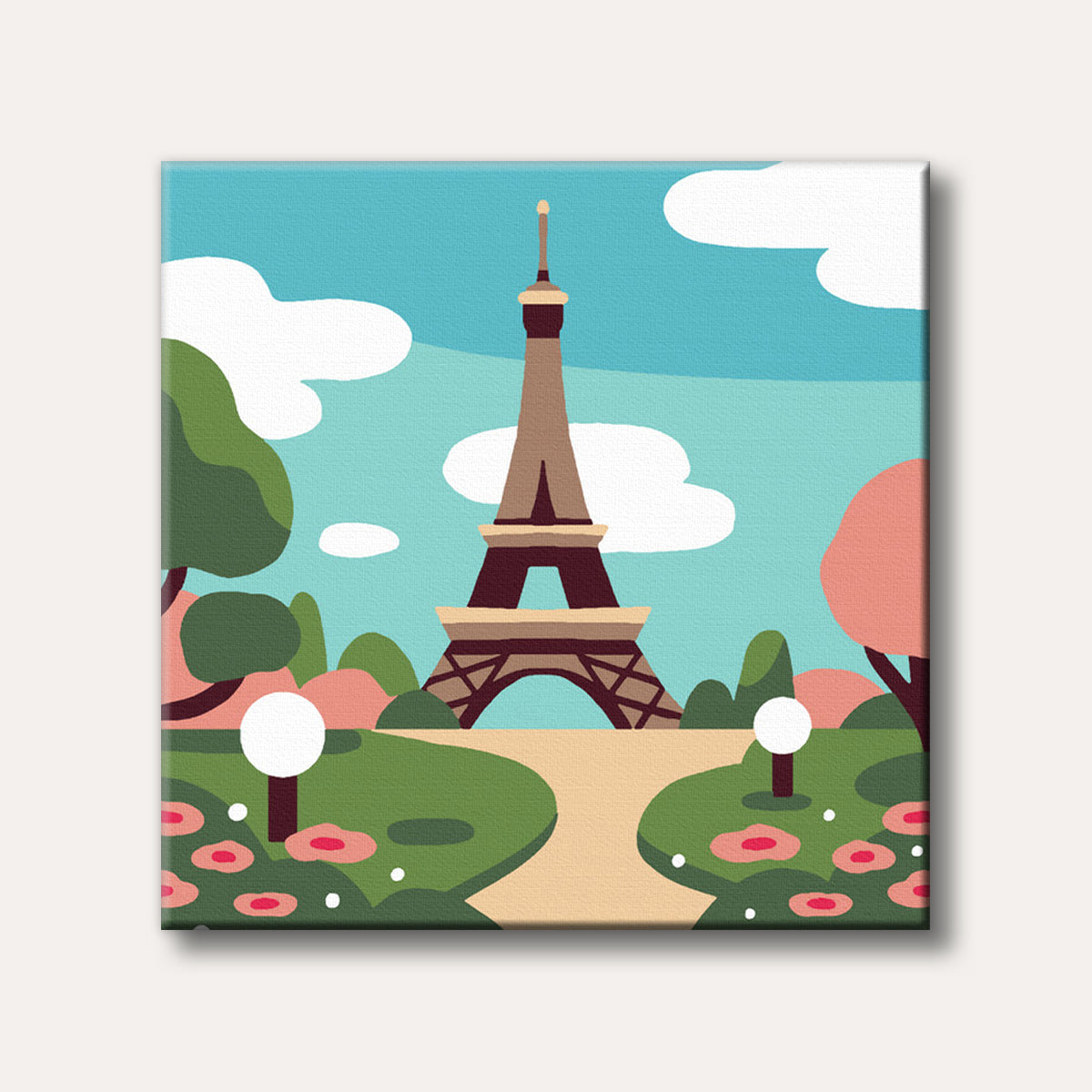 A cheerful, flat-style illustration of the Eiffel Tower seen from a green park with a pathway, trees, and pink flowers under a light blue sky with white clouds.