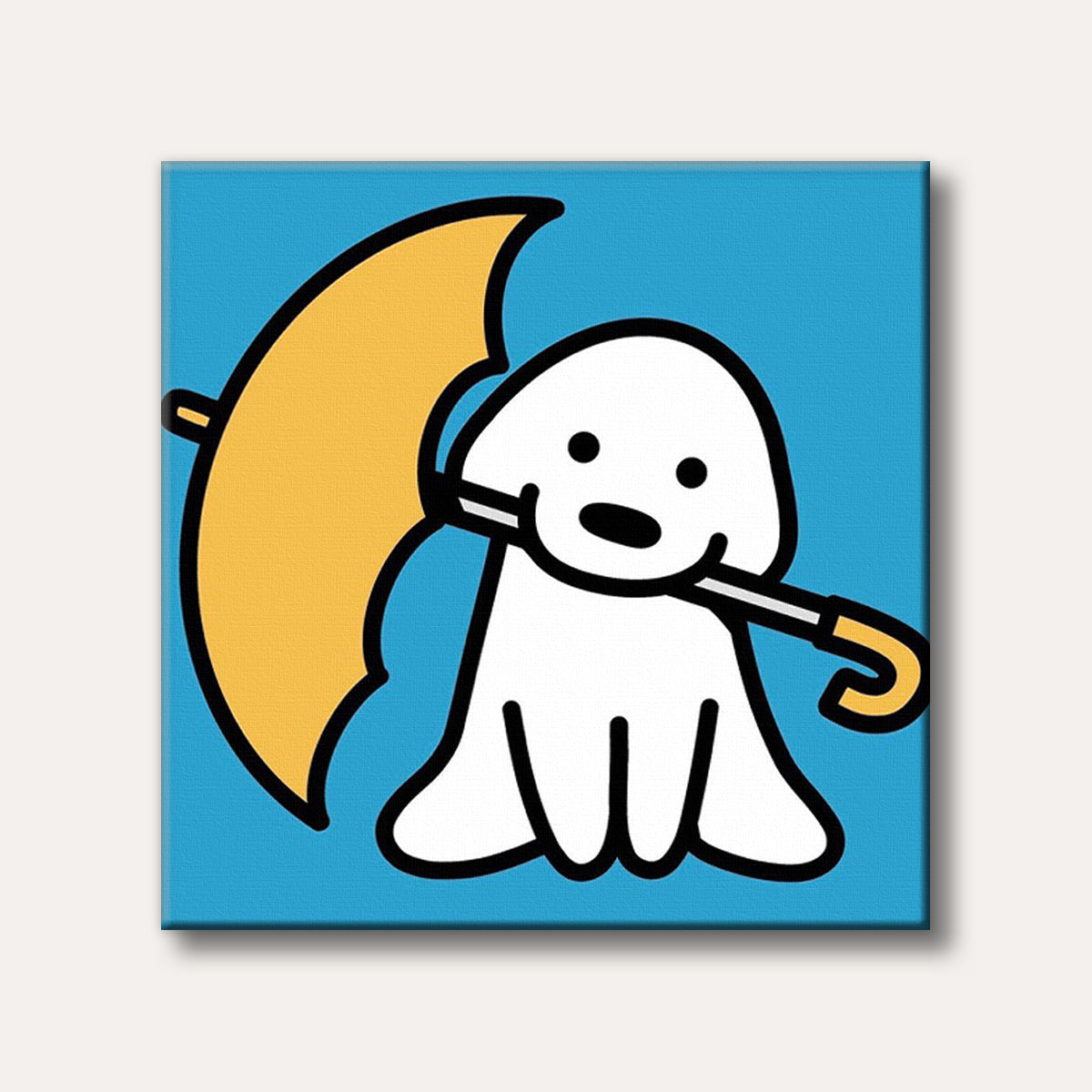 A cute, minimalist white dog-like figure with black outlines holds a bright yellow umbrella in its mouth against a vibrant blue background, depicted in a cheerful cartoon style.