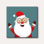 A cheerful cartoon Santa Claus with glasses, a red hat, and a white beard, smiling and waving against a teal background, depicted in a friendly, illustrative style.