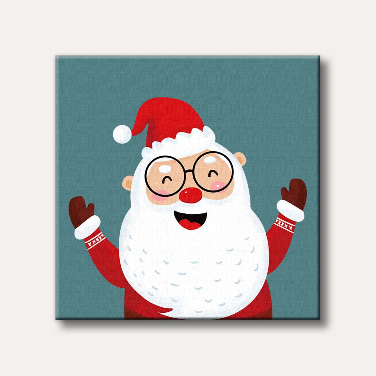 A cheerful cartoon Santa Claus with glasses, a red hat, and a white beard, smiling and waving against a teal background, depicted in a friendly, illustrative style.
