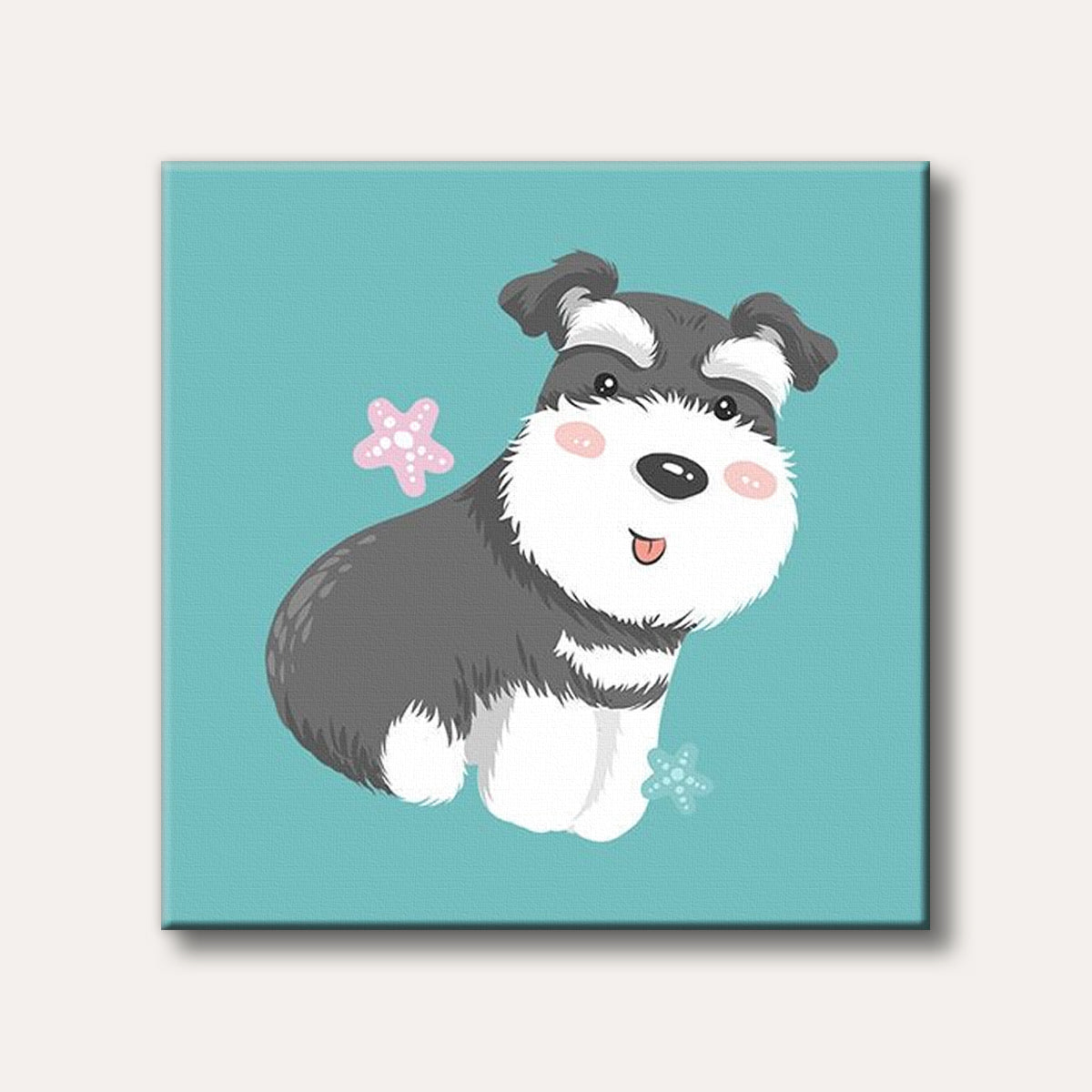 A charming cartoon-style schnauzer dog with fluffy white and grey fur sits happily against a bright teal background, accompanied by two whimsical starfish.