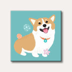 A cheerful cartoon corgi dog with a tan and white coat, wearing an orange collar with a blue tag, stands smiling on a teal background with a pink starfish.