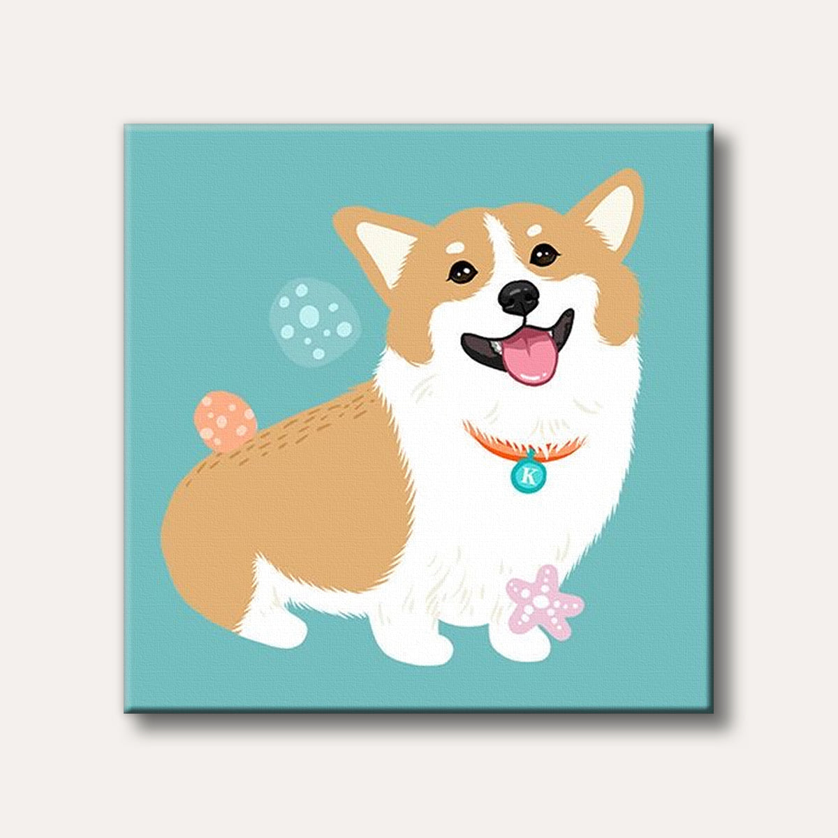 A cheerful cartoon corgi dog with a tan and white coat, wearing an orange collar with a blue tag, stands smiling on a teal background with a pink starfish.