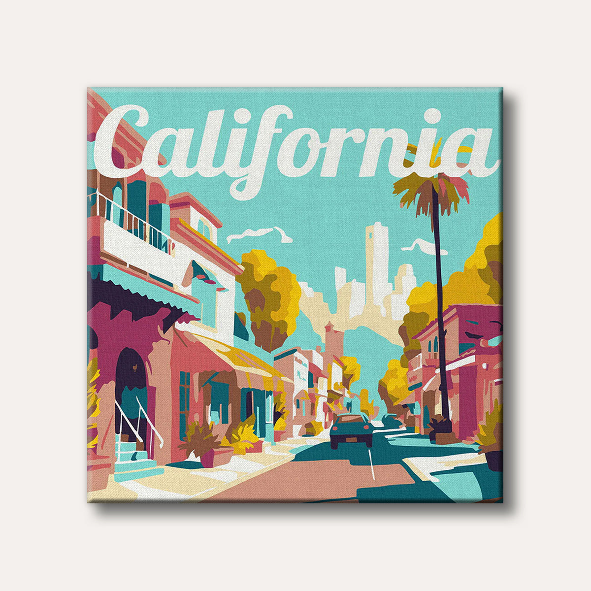 A vibrant, stylized illustration of a sunny California street, featuring colourful buildings, a tall palm tree, and a distant city skyline under a bright teal sky, rendered with flat shapes and bold outlines.