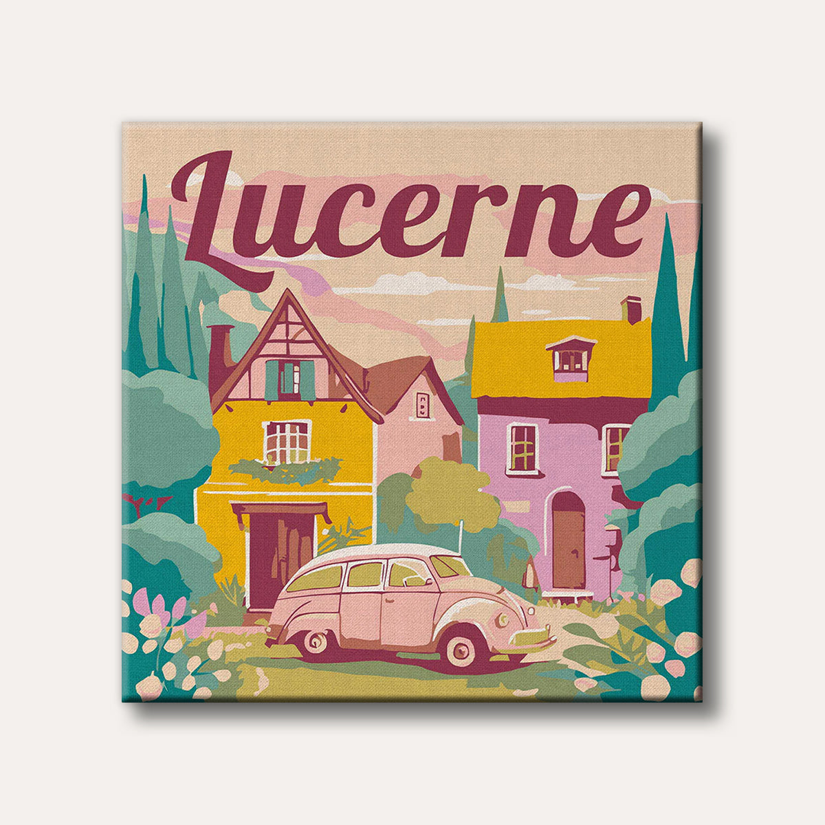 A vintage travel poster style illustration of Lucerne, Switzerland, featuring colourful houses, lush trees, and a classic pink car, all rendered with flat colours and bold outlines.