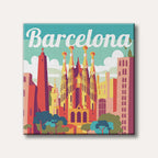 A vibrant, stylized illustration of the Barcelona skyline featuring the iconic Sagrada Familia church under a bright sky, rendered with bold colours and flat shapes.