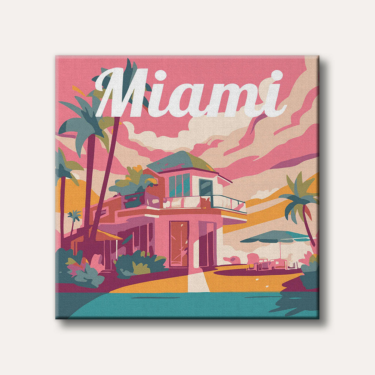A vibrant, stylized illustration of a Miami villa with palm trees and a swimming pool under a pink and orange sunset sky, featuring the word "Miami" prominently at the top.
