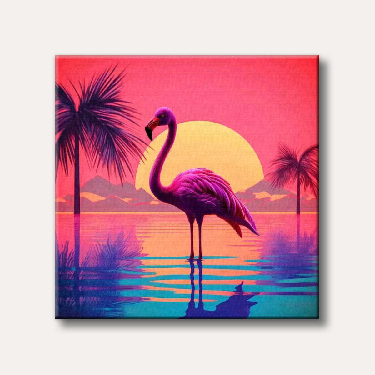 A vibrant pink flamingo stands in neon-coloured water under a bright orange sunset, flanked by silhouetted palm trees in a retro vaporwave style.