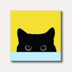 A minimalist illustration of a black cat peeking from below, with only its ears and large, curious eyes visible against a bright yellow and light blue background.