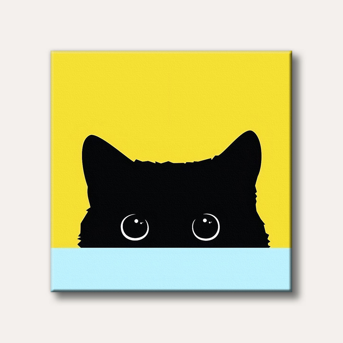 A minimalist illustration of a black cat peeking from below, with only its ears and large, curious eyes visible against a bright yellow and light blue background.